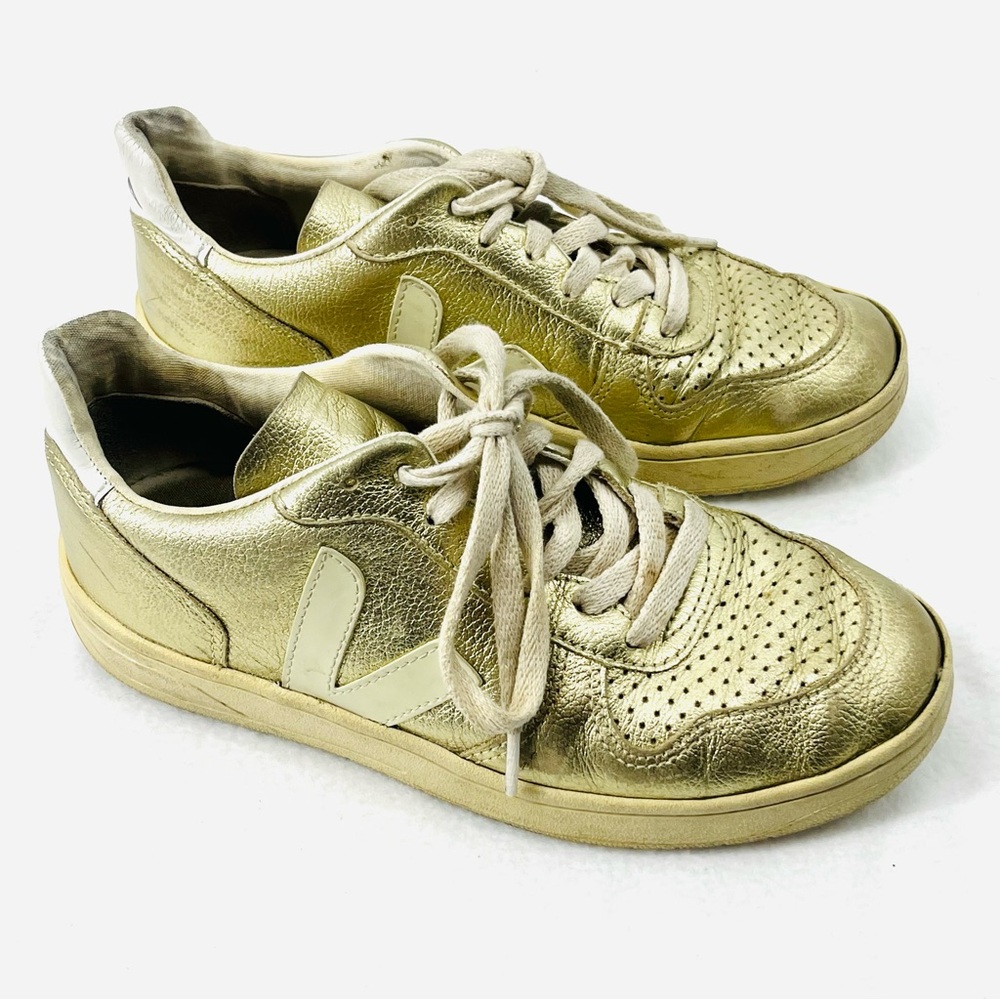 Veja 5 V-10 Gold Perforated Low Top Sneakers